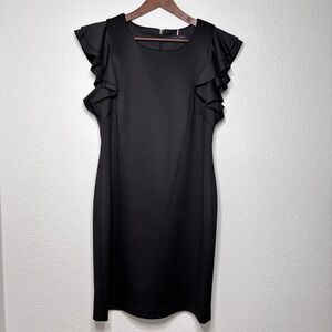 Tommy Hilfiger Black Sheath Dress Size 14 Ruffle Cap Sleeve Scuba Stretch Chic